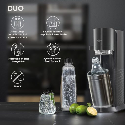 SodaStream Duo Sparkling Water Machine for Glass Jug | Pack of 2 Glass Jugs 1L + 1 Bottle 1L Dishwasher Safe + 1 60L Gas Refill Clip On | Black [Amazon Exclusive] - Image 4