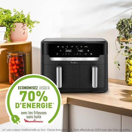 Moulinex air fryer two compartments, large capacity 8.3L, 8 people, 7 automatic programs, oil-free fryer, digital touch screen, Dual essential stainless steel, EZ901820, Black - Image 33