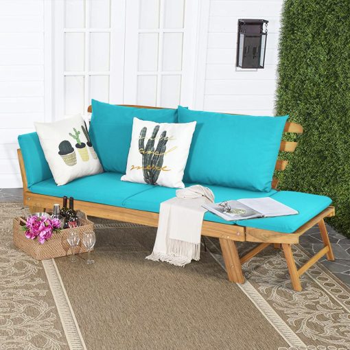 Chaise Longue Convertible avec Coussin Canapé de Jardin 2 en 1 en Bois d’Acacia avec Accoudoir Réglable pour Patio Piscine Jardin Blanc/Gris/Bleu/Rouge - Image 3