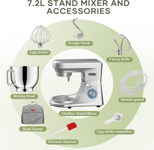 CHeflee 1800W Professional Kitchen Mixer 7.2 Litres Low Noise Multifunctional Kitchen Robot with Whisk, Beater, Hook, Stainless Steel Bowl, 6 Speeds - Image 11