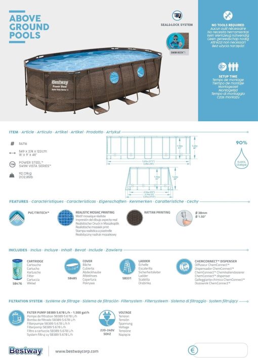 Bestway 56946 Piscine Power Steel? Swim Vista ovale 488 x 305 x 107 cm motif rotin avec hublots, filtration à sable, échelle, bache et diffuseur Chemconnect? - Image 22