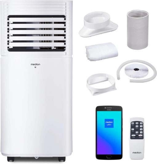 MEDION Smart Climatiseur Mobile P1002 (10000 BTU, 3-en-1, Refroidir, Déshumidification, Ventilation, jusqu'à 34m2, kit de joint de fenêtre, mode sommeil, contr?le Wifi, Télécommande, écran, MD 37733)