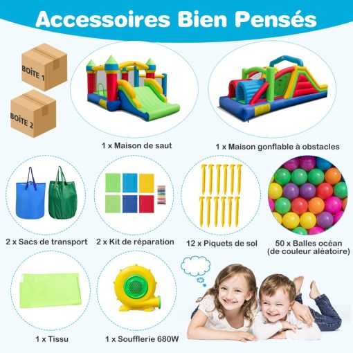 Chateau Gonflable pour 4 Enfants avec 2 Toboggans Tunnels Zone de Rebond Escalade Obstacles Maison de Jeu avec Souffleur de 680 W - Image 8