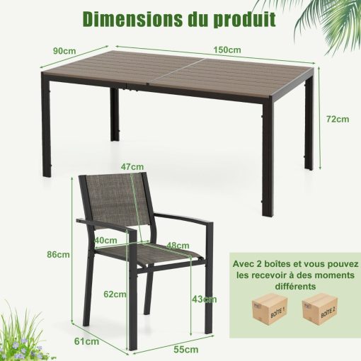 Ensemble de Meubles de Patio 7 Pièces pour 6 Personnes Salon de Jardin avec 6 Chaises Empilables et Table Rectangulaire Gris - Image 8