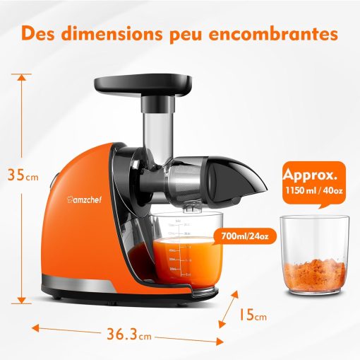 AMZCHEF Extracteur Jus - Extracteur de Jus de Fruits et Légumes - Presses-agrumes à Froid sans BPA avec 2 Tasses et Brosse - Fonction de Mastication Inversée pour éviter les Blocages - Argent - Image 54