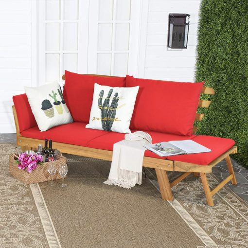 Chaise Longue Convertible avec Coussin Canapé de Jardin 2 en 1 en Bois d’Acacia avec Accoudoir Réglable pour Patio Piscine Jardin Blanc/Gris/Bleu/Rouge - Image 6