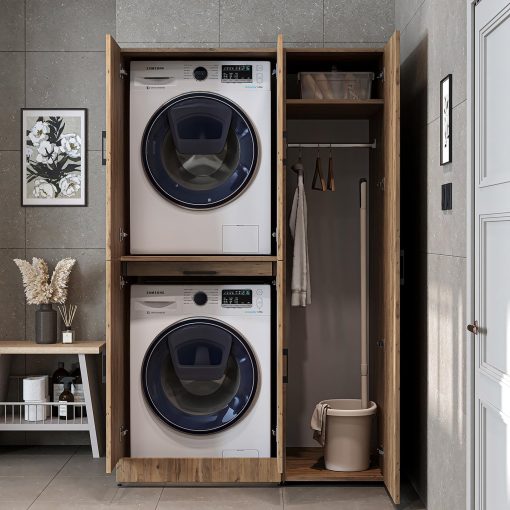 ROOMART Dora - Armoire de machine à laver - Pour sèche-linge et machine à laver - En 4 couleurs - Avec portes et panneau coulissant - Blanc - Chêne blanc - Chêne anthracite - Chêne blanc (chêne blanc) - Image 50