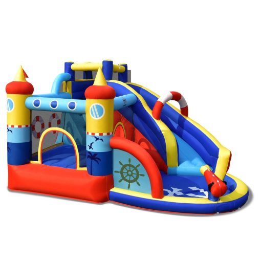 Chateau Gonflable Style Bateau avec Toboggan Incurvé Zone de Saut Mur d'Escalade avec Gonfleur 450 W - Image 4