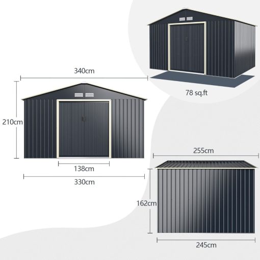 Abri de Jardin en Métal & Extension 10.85㎡ avec 2 Portes Coulissantes Verrouillables 4 Trous d’Aération Gris pour Vélo - Image 16