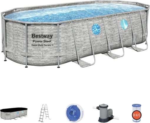Bestway 56946 Piscine Power Steel? Swim Vista ovale 488 x 305 x 107 cm motif rotin avec hublots, filtration à sable, échelle, bache et diffuseur Chemconnect? - Image 2