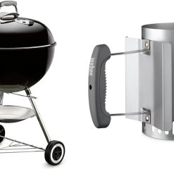 Weber Classic Kettle barbecue au charbon de bois, surface de cuisson ? 57cm, barbecue avec couvercle et cuve en acier emaillé, thermomètre intégré au couvercle, trépied et roues - Noir (1341504)