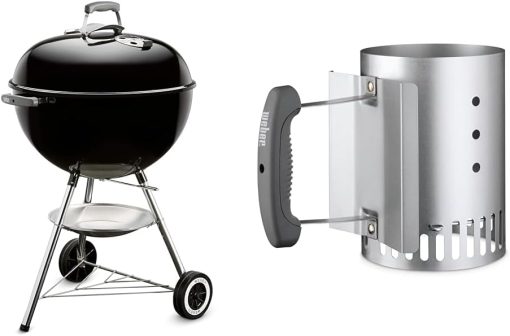 Weber Classic Kettle barbecue au charbon de bois, surface de cuisson ? 57cm, barbecue avec couvercle et cuve en acier emaillé, thermomètre intégré au couvercle, trépied et roues - Noir (1341504)
