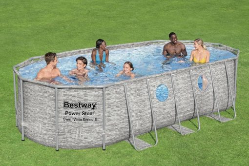 Bestway 56946 Piscine Power Steel? Swim Vista ovale 488 x 305 x 107 cm motif rotin avec hublots, filtration à sable, échelle, bache et diffuseur Chemconnect? - Image 25