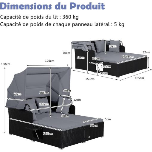 Chaise Longue à 2 Places en Rotin avec Auvent Rétractable Bain de Soleil avec Panneaux Latéraux Pliables Charge 360KG Beige/Gris - Image 18