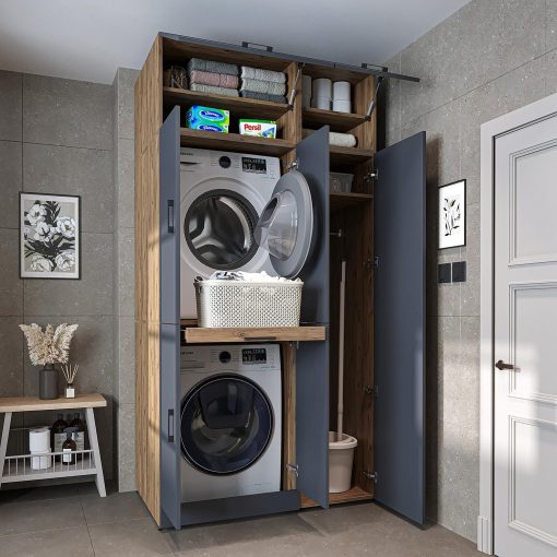 ROOMART Dora - Armoire de machine à laver - Pour sèche-linge et machine à laver - En 4 couleurs - Avec portes et panneau coulissant - Blanc - Chêne blanc - Chêne anthracite - Chêne blanc (chêne blanc) - Image 4