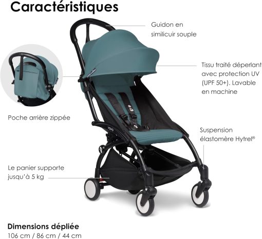 Poussette BABYZEN YOYO2 6+ (Cadre noir + pack couleur Aqua) - Comprend un harnais, un dossier, des arceaux de capote, une bandoulière, un coussin d’assise, et une capote assortie - Image 23