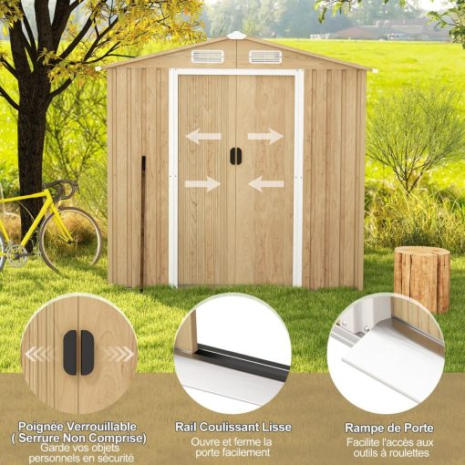 Abri de Jardin 2.3㎡ en Acier Galvanisé Anti-UV 196x142x186cm Cabane de Jardin Exterieur 3.7m3 avec Porte Coulissante Rampe Naturel - Image 5