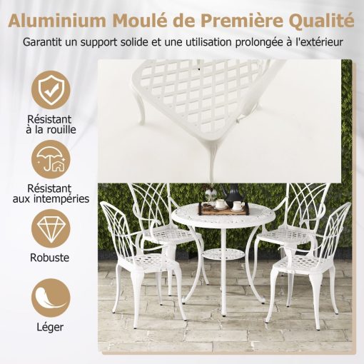 5 Pcs Salon de Jardin en Fonte d'Aluminium Trou pour Parasol Repose-pieds Réglables Ensemble de Table Ronde et 4 Chaises Blanc - Image 7