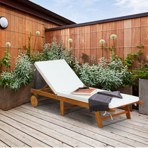 Chaise Longue Pliable en Bois avec 2 Roues et un Coussin Amovible Dossier Réglable Capacité Portante 160KG Idéal pour L’extérieur - Image 2