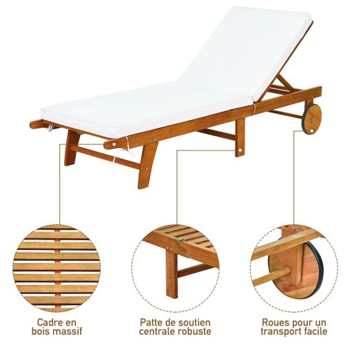 Chaise Longue Pliable en Bois avec 2 Roues et un Coussin Amovible Dossier Réglable Capacité Portante 160KG Idéal pour L’extérieur - Image 4