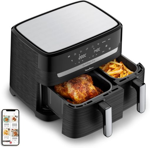 Moulinex air fryer two compartments, large capacity 8.3L, 8 people, 7 automatic programs, oil-free fryer, digital touch screen, Dual essential stainless steel, EZ901820, Black - Image 43