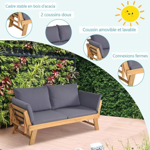 Chaise Longue Convertible avec Coussin Canapé de Jardin 2 en 1 en Bois d’Acacia avec Accoudoir Réglable pour Patio Piscine Jardin Blanc/Gris/Bleu/Rouge - Image 30