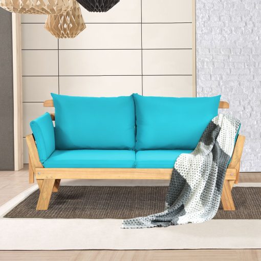 Chaise Longue Convertible avec Coussin Canapé de Jardin 2 en 1 en Bois d’Acacia avec Accoudoir Réglable pour Patio Piscine Jardin Blanc/Gris/Bleu/Rouge - Image 17