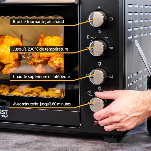 TZS First Austria Mini-four 60 l I 2000 W I Convection + R?tisserie I 4 éléments chauffants I Plage de température jusqu'à 230 °C I Minuterie 60 min I Inox I Noir - Image 6