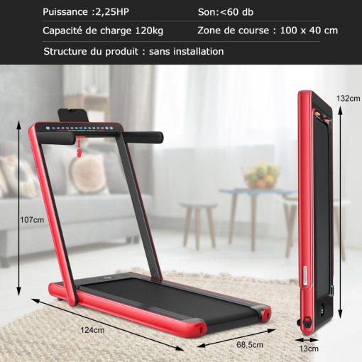 Tapis de Course Pliable 0,75HP Double Affichage LED APP et Télécommande Vitesse Motorisé 12 km/h Surface 40x100cm Rouge - Image 12
