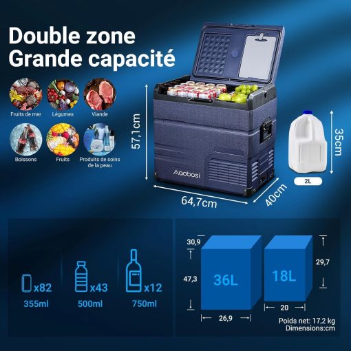 AAOBOSI 46 L Glaciere a Compression, Glaciere Electrique Double Zone, 12 V/24 V et 100-240 V Frigo Camping, -20 ℃ à 20 ℃, pour Voiture, Camion, Bateau, Camping-Car - Image 45
