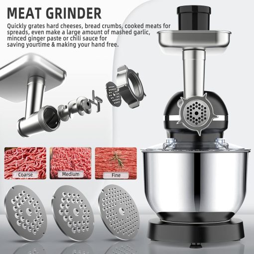 Homlee 3 en 1 Robot Patissier,1800W Robot Cuisine Multifonctions,avec Hachoir à viande,1,5 L Extracteur de jus,Kit pour Saucisses,3 Plaques de Broyage,5.5L Bol d'Acier Inoxydable (Argent) - Image 12