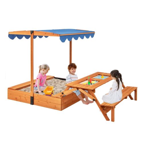 Bac à Sable en Bois pour Enfants avec Couvercle Aire de Jeux avec Table Sensorielle Pliable & Banc Parasol Ajustable pour 3+ Ans Naturel - Image 3