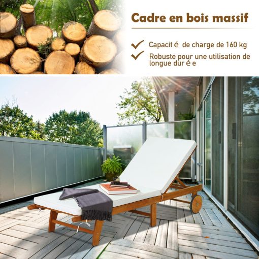 Chaise Longue Pliable en Bois avec 2 Roues et un Coussin Amovible Dossier Réglable Capacité Portante 160KG Idéal pour L’extérieur - Image 6