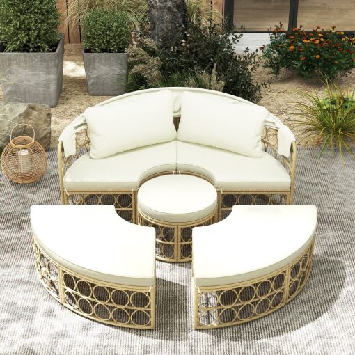 Lit de Repos Rond pour Patio avec Auvent Rétractable Ensemble de Siège Sectionnels Séparés en Rotin PE avec Coussins Doux Blanc - Image 3