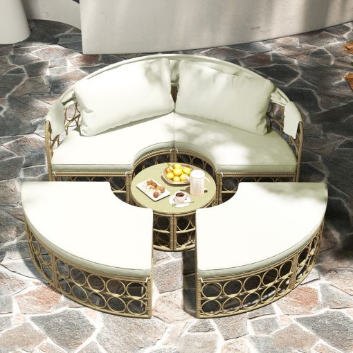 Lit de Repos Rond pour Patio avec Auvent Rétractable Ensemble de Siège Sectionnels Séparés en Rotin PE avec Coussins Doux Blanc - Image 4