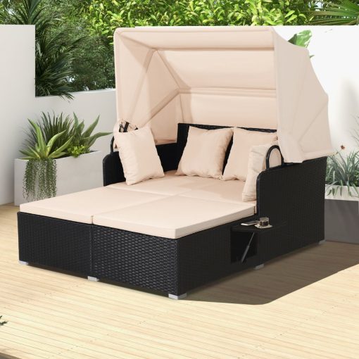 Chaise Longue à 2 Places en Rotin avec Auvent Rétractable Bain de Soleil avec Panneaux Latéraux Pliables Charge 360KG Beige/Gris - Image 2