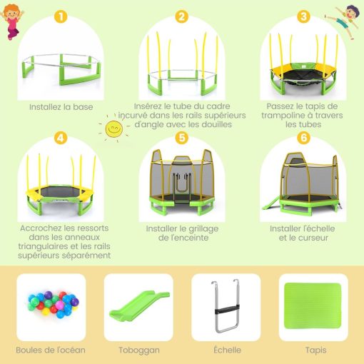 Trampoline Extérieur ? 223cm avec Toboggan&Echelle avec Filet de Sécurité 2 Portes en U Charge 270kg pour 2-3 Enfants de 3 Ans+ Bleu/Vert - Image 17