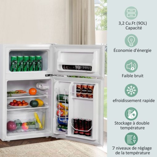 Réfrigérateur Compact Mini-réfrigérateur 90 L Congélateur Séparé avec Design à 2 Portes Fonctionnement Silencieux Blanc/Gris/Noir - Image 6