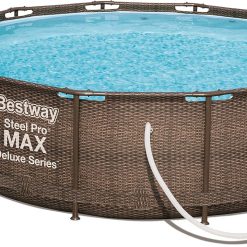 Bestway Power Steel Deluxe Piscine tubulaire ronde avec cadre en acier solide Kit complet Aspect rotin 366 x 100 cm, Marron