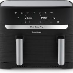 Moulinex air fryer two compartments, large capacity 8.3L, 8 people, 7 automatic programs, oil-free fryer, digital touch screen, Dual essential stainless steel, EZ901820, Black