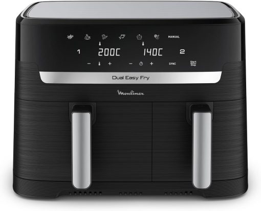 Moulinex air fryer two compartments, large capacity 8.3L, 8 people, 7 automatic programs, oil-free fryer, digital touch screen, Dual essential stainless steel, EZ901820, Black