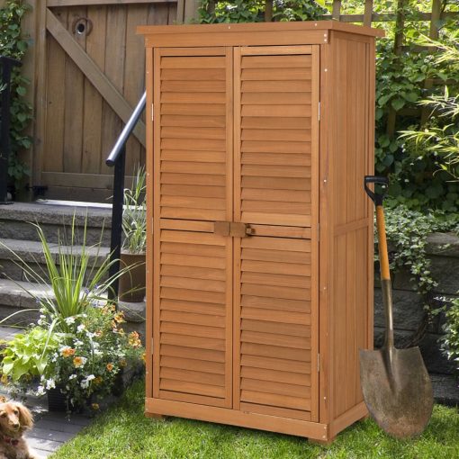 Abri de Jardin En Bois 160 Cm Toit en Asphalte 2 Portes Verrouillables avec Loquet Armoire Cabane en Sapin Pré-Huilé Imperméable 3 étagères Amovibles Naturel - Image 2