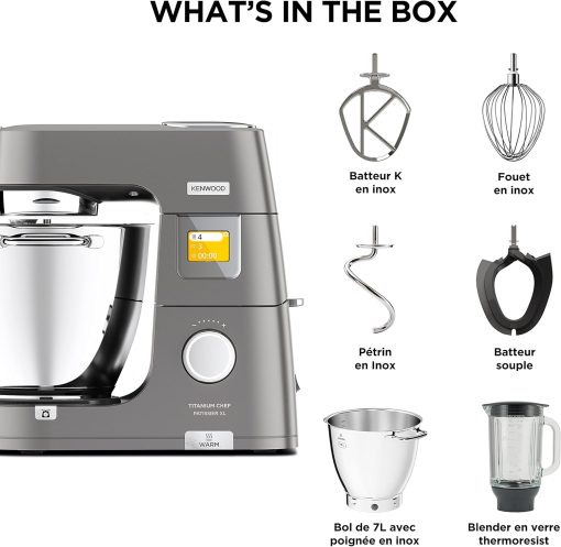 Kenwood Titanium Chef Patissier XL KWL90.034SI, Robot Patissier Balance Intégrée, Batteur K, Pétrin, Fouet, Batteur Souple, Deux Bols, Couvercle Anti-Projections, 1400W, Acier, Argent - Image 14