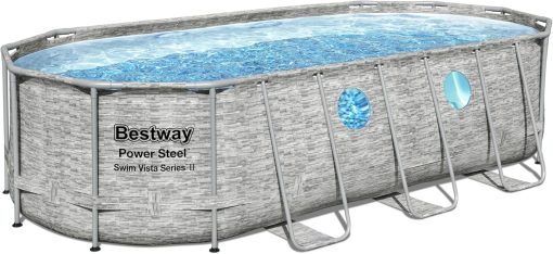 Bestway 56946 Piscine Power Steel? Swim Vista ovale 488 x 305 x 107 cm motif rotin avec hublots, filtration à sable, échelle, bache et diffuseur Chemconnect? - Image 28