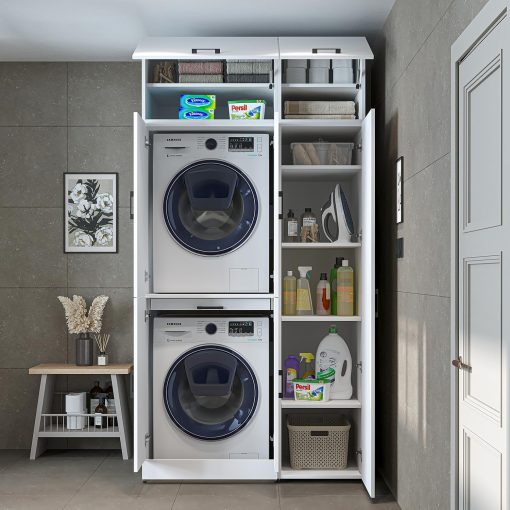 ROOMART Dora - Armoire de machine à laver - Pour sèche-linge et machine à laver - En 4 couleurs - Avec portes et panneau coulissant - Blanc - Chêne blanc - Chêne anthracite - Chêne blanc (chêne blanc) - Image 35