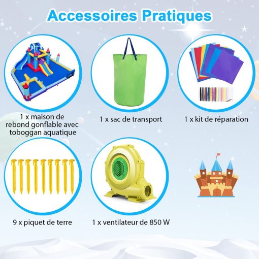 Chateau Gonflable à Toboggans Aquatiques Thème de La Fusée pour Enfants Piscine Zone de Saut Pistolet à Eau Escalade Souffleur de 850 W Multicolore - Image 12