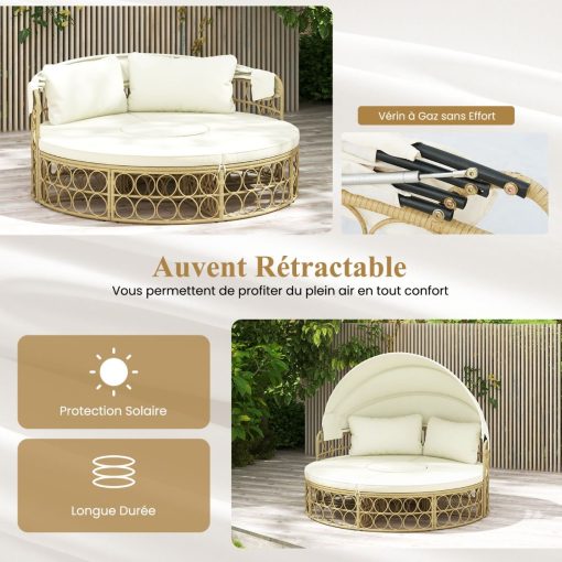 Lit de Repos Rond pour Patio avec Auvent Rétractable Ensemble de Siège Sectionnels Séparés en Rotin PE avec Coussins Doux Blanc - Image 8
