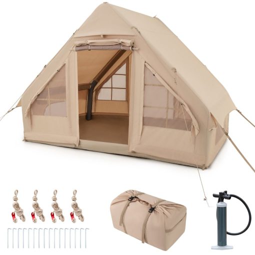 Tente de Camping Gonflable 6 m2 pour 4-6 Personnes Tente en Coton Coupe-vent et Imperméable avec Pompe 7 Fenêtres à Moustiquaire Beige - Image 3