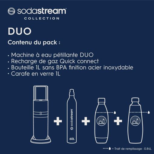 Sodastream Duo Sparkling Water and Soda Machine for Glass Jug | Pack of 1 Glass Jug 1L + 1 Bottle 1L Stainless Steel Finish Dishwasher + 1 60L Gas Refill Clip | Black - Image 3