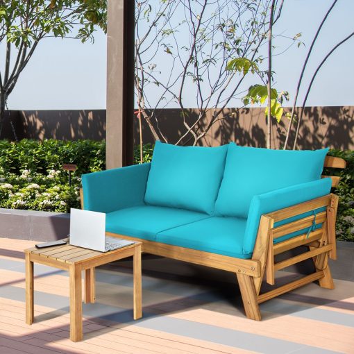 Chaise Longue Convertible avec Coussin Canapé de Jardin 2 en 1 en Bois d’Acacia avec Accoudoir Réglable pour Patio Piscine Jardin Blanc/Gris/Bleu/Rouge - Image 19
